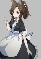 Rule 34 | 1girl, alternate costume, alternate hairstyle, animal ears, apron, arm at side, black dress, breasts, brown hair, center frills, clenched hand, closed mouth, commentary request, cowboy shot, dress, enmaided, frilled skirt, frills, grey background, hand up, imaizumi kagerou, looking at viewer, maid, maid apron, maid headdress, parted bangs, ponytail, puffy short sleeves, puffy sleeves, red eyes, short sleeves, shukinuko, simple background, skirt, solo, standing, touhou, white apron, wolf ears