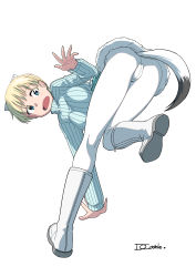 Rule 34 | 1girl, absurdres, animal ears, ass, blonde hair, blue eyes, blush, boots, brave witches, breasts, covered anus, crotch, dragoncastle, full body, highres, large breasts, military, military uniform, nikka edvardine katajainen, open mouth, pantyhose, ribbed sweater, short hair, simple background, solo, sweater, tail, uniform, weasel ears, weasel tail, white background, white footwear, white pantyhose, world witches series