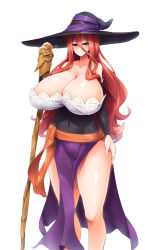 Rule 34 | 1girl, bare shoulders, blush, breasts, brown eyes, cleavage, covered navel, doriruneko, dragon&#039;s crown, covered erect nipples, gigantic breasts, hat, highres, long hair, looking at viewer, pelvic curtain, red hair, simple background, smile, solo, sorceress (dragon&#039;s crown), staff, standing, thighs, white background, witch hat