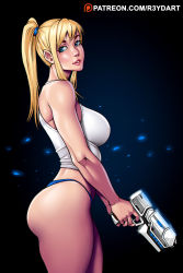 Rule 34 | 1girl, ass, bare shoulders, blonde hair, blue eyes, blue panties, breasts, commentary, english commentary, from side, gun, high ponytail, highres, holding, holding gun, holding weapon, large breasts, legs, looking at viewer, metroid, nintendo, no pants, panties, parted lips, pinup (style), ponytail, r3ydart, samus aran, shirt, solo, tank top, thighs, thong, underwear, weapon, white shirt
