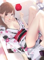 Rule 34 | 1girl, :p, ama mitsuki, bare shoulders, blush, breasts, brown hair, candy apple, collarbone, couch, floral print, food, geta, holding, holding food, japanese clothes, kimono, medium breasts, medium hair, no bra, no panties, obi, off shoulder, original, purple eyes, sash, solo, thighs, tongue, tongue out, white kimono