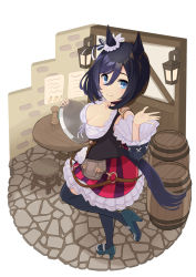 Rule 34 | 1girl, animal ears, barrel, black footwear, black hair, black sleeves, black thighhighs, blouse, blue eyes, bob cut, breasts, cleavage, closed mouth, commentary, detached sleeves, dirndl, dress, ear ornament, eishin flash (umamusume), frilled dress, frilled sleeves, frills, german clothes, hair between eyes, high heels, highres, holding, holding tray, horse ears, horse girl, horse tail, indoors, looking at viewer, medium breasts, pouch, red dress, shiromaru illust, shirt, short dress, short hair, smile, solo, standing, stool, swept bangs, table, tail, thighhighs, tray, umamusume, waitress, waving, white shirt