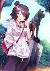 Rule 34 | 1girl, alternate hairstyle, bad id, bad pixiv id, blush, breasts, contemporary, day, fate/grand order, fate (series), hair ornament, hand in pocket, highres, hood, hoodie, katsushika hokusai (fate), looking at viewer, octopus, official alternate costume, open mouth, outdoors, purple eyes, purple hair, silly (marinkomoe), solo