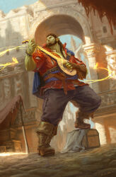 Rule 34 | 1boy, arm cutout, bara, bard, barding, beard, boots, chens art, collared shirt, colored skin, facial hair, fantasy, from below, front ponytail, full body, gloves, green skin, grey pants, highres, holding, holding instrument, instrument, long hair, looking to the side, male focus, mature male, monster boy, muscular, muscular male, musical note, orc, original, pants, pointy ears, red shirt, ruins, shirt, single glove, solo, standing, tusks