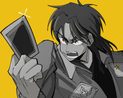 Rule 34 | 1boy, badge, card, commentary request, glint, greyscale with colored background, holding, holding card, inudori, itou kaiji, jacket, kaiji, long hair, long sleeves, looking afar, male focus, medium bangs, open mouth, parted bangs, playing card, red eyes, shirt, simple background, solo, spot color, star (symbol), upper body, v-shaped eyebrows, yellow background