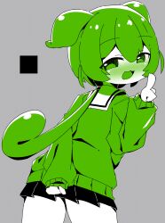 Rule 34 | 1girl, :3, absurdres, blush, commentary request, eyebrows hidden by hair, female focus, from behind, green eyes, green hair, green shirt, hair between eyes, highres, n u, no nose, open mouth, partially colored, shirt, voicevox, zundamon