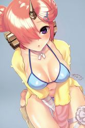 Rule 34 | 1girl, :o, bandaged arm, bandages, bikini, blue bikini, breasts, cleavage, detached sleeves, double bun, fate/grand order, fate (series), frankenstein&#039;s monster (fate), frankenstein&#039;s monster (swimsuit saber) (fate), frankenstein&#039;s monster (swimsuit saber) (first ascension) (fate), from above, hair bun, hair ornament, hair over one eye, headgear, highres, horns, jpeg artifacts, leg ribbon, looking at viewer, medium breasts, navel, onaka (pixiv11820960), pink hair, purple eyes, ribbon, seiza, short hair, single detached sleeve, single horn, sitting, solo, swimsuit