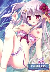 Rule 34 | 1girl, absurdres, bikini, bikini pull, bikini top only, bottomless, breasts, clothes pull, flower, hair flower, hair ornament, highres, large breasts, long hair, looking at viewer, matsumiya kiseri, nipples, open mouth, original, red eyes, silver hair, solo, swimsuit, water