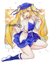 Rule 34 | 1girl, artist name, blonde hair, blue choker, blue dress, blue footwear, blue hat, blue ribbon, blurry, blurry background, boots, border, breasts, brown jacket, buttons, choker, cleavage, commentary, commission, cropped jacket, dokibird (vtuber), dress, english commentary, full body, green eyes, grey jacket, hair between eyes, hair ribbon, hands up, hat, indie virtual youtuber, jacket, knee boots, layered dress, long hair, long sleeves, looking at viewer, medium breasts, open clothes, open jacket, open mouth, outline, ribbon, rirene rn, short dress, sidelocks, sitting, small breasts, smile, solo, star (symbol), star choker, teeth, twintails, upper teeth only, very long hair, virtual youtuber, watermark