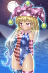 Rule 34 | 1girl, :o, adapted costume, american flag, american flag legwear, american flag print, arms behind back, aura, blonde hair, blurry, blurry background, blush, breasts, clownpiece, commentary request, cowboy shot, detached collar, detached sleeves, fairy wings, flag print, full moon, groin, hat, jester cap, leotard, long hair, looking to the side, moon, night, night sky, outdoors, partial commentary, polka dot headwear, red eyes, sky, small breasts, solo, standing, star (sky), starry sky, swimsuit, thick eyebrows, touhou, transparent wings, very long hair, water, wings, winn
