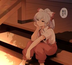 1girl bow closed_mouth collared_shirt commentary_request fujiwara_no_mokou hair_bow hand_on_own_face highres looking_at_viewer pants ponytail red_pants shirt shundou_heishirou sitting smile solo speech_bubble touhou translation_request white_bow white_shirt