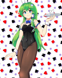 1girl absurdres alternate_costume animal_ears black_leotard black_pantyhose blue_bow blue_bowtie blue_eyes blush bow bowtie brown_pantyhose bunny_day closed_mouth club_(shape) commentary_request covered_navel diamond_(shape) frog_hair_ornament green_hair hair_ornament hair_tubes heart highres holding holding_tray kochiya_sanae leotard long_hair looking_at_viewer mokutan_(link_machine) pantyhose playboy_bunny rabbit_ears single_hair_tube smile snake_hair_ornament solo spade_(shape) strapless strapless_leotard touhou tray very_long_hair wrist_cuffs