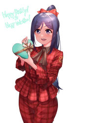 Rule 34 | 1girl, absurdres, anzo (anzu elichi0928), birthday, blue hair, commentary, english text, gift, hair ribbon, happy birthday, happy valentine, high ponytail, highres, holding, holding gift, looking at viewer, love live!, love live! sunshine!!, matsuura kanan, ponytail, purple eyes, ribbon, sidelocks, smile, solo, standing, upper body, valentine, white background