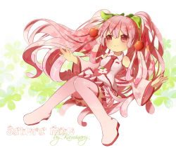 Rule 34 | 1girl, bad id, bad pixiv id, boots, character name, cherry, detached sleeves, food, fruit, hatsune miku, kaminary, long hair, necktie, pink eyes, pink footwear, pink hair, sakura miku, sitting, skirt, smile, solo, thigh boots, thighhighs, twintails, very long hair, vocaloid
