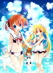 Rule 34 | 3girls, adapted uniform, alt text, arms up, ball, barefoot, beachball, bikini, bikini shorts, bikini skirt, black ribbon, blonde hair, blue eyes, brown hair, closed eyes, cloud, cloudy sky, commentary request, day, fate testarossa, hair ornament, hair ribbon, hairclip, hand in own hair, highres, holding, holding ball, holding hands, kanan asuka, lens flare, light particles, long hair, looking at viewer, lyrical nanoha, mahou shoujo lyrical nanoha, mahou shoujo lyrical nanoha a&#039;s, multiple girls, navel, neck ribbon, open mouth, outdoors, red eyes, red neckwear, ribbon, sail, short hair, short twintails, shorts, sidelocks, skirt, sky, smile, sparkle, splashing, standing, standing on one leg, star (symbol), swimsuit, takamachi nanoha, thigh gap, twintails, very long hair, white ribbon, white skirt, yagami hayate