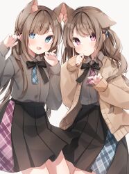 Rule 34 | 2girls, animal ears, blush, bow, brown hair, cardigan, cat ears, heripiro, highres, long hair, looking at viewer, multiple girls, open cardigan, open clothes, open mouth, original, parted bangs, pleated skirt, skirt, white background