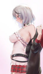 Rule 34 | 1girl, absurdres, arm strap, bare shoulders, belt, black choker, black coat, black hair, breasts, choker, coat, cowboy shot, frilled shirt, frills, from side, grey hair, hair ornament, hairclip, highres, hololive, kon (07263545), large breasts, long sleeves, looking down, miniskirt, multicolored hair, open clothes, open coat, parted lips, plaid, plaid skirt, pleated skirt, profile, red eyes, red skirt, sakamata chloe, shirt, short hair, simple background, skirt, solo, steaming body, two-tone hair, undressing, virtual youtuber, white background, white shirt, x hair ornament