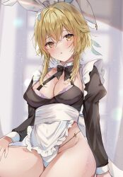 Rule 34 | 1girl, absurdres, animal ears, apron, black bow, black bowtie, blonde hair, blush, bow, bowtie, breasts, cleavage, commentary request, crossed bangs, fake animal ears, frills, genshin impact, hair ornament, highres, large breasts, leotard, long sleeves, looking at viewer, lumine (genshin impact), maid, maid leotard, maruro, medium hair, parted lips, playboy bunny, rabbit ears, solo, unconventional maid, white apron, yellow eyes