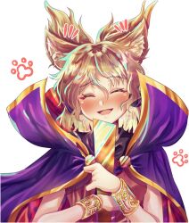 Rule 34 | 1girl, blush, bracelet, brown hair, cape, closed eyes, commentary request, earmuffs, facing viewer, hayashida chiyo, holding, jewelry, open mouth, paw print, pointy hair, purple cape, ritual baton, short hair, simple background, sleeveless, solo, touhou, toyosatomimi no miko, upper body, white background