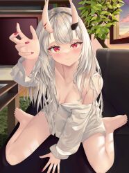 Rule 34 | 1girl, :3, absurdres, arm support, arm up, armpit crease, bare legs, barefoot, blush, breasts, closed mouth, collarbone, couch, eyelashes, foreshortening, full body, grey hair, grey shirt, hair intakes, highres, hololive, horns, indoors, leaning forward, legs, long hair, long sleeves, looking at viewer, medium breasts, nakiri ayame, off shoulder, partially unbuttoned, plant, red eyes, red nails, rug, shirt, sidelocks, sitting, skin-covered horns, solo, thighs, toes, virtual youtuber, wariza, window, wooden floor, yuge (setsura)