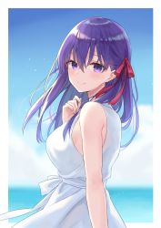 Rule 34 | 1girl, azuuru, bad id, bad twitter id, bare arms, bare shoulders, blue sky, blurry, blurry background, breasts, closed mouth, day, dress, fate/stay night, fate (series), from side, hair between eyes, hair ribbon, hand up, highres, long hair, looking at viewer, looking to the side, matou sakura, medium breasts, outside border, purple eyes, purple hair, red ribbon, ribbon, sky, sleeveless, sleeveless dress, smile, solo, upper body, white dress