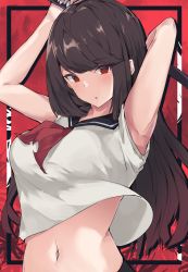 Rule 34 | 1girl, armpits, arms up, black hair, breasts, crop top, crop top overhang, highres, holding, kureha (sound voltex), large breasts, long hair, looking at viewer, midriff, mushpz, navel, neckerchief, parted lips, red background, red eyes, sailor collar, school uniform, serafuku, shirt, solo, sound voltex, sound voltex ii infinite infection, stomach, upper body, white shirt