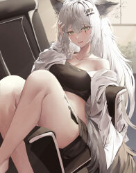 Rule 34 | 1girl, absurdres, animal ears, arknights, bare shoulders, chair, collarbone, commentary, crop top, feet out of frame, grey eyes, highres, knee up, lappland (arknights), long hair, looking at viewer, material growth, mea (hwaksal), midriff, off shoulder, open mouth, oripathy lesion (arknights), scar, scar across eye, shirt, sitting, solo, thighs, very long hair, white hair, white shirt, wolf ears