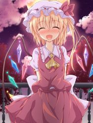 Rule 34 | 1girl, ^ ^, arms behind back, ascot, blonde hair, blush, bow, cloud, commentary request, confession, closed eyes, facing viewer, fang, flandre scarlet, full moon, hat, hat bow, highres, mob cap, moon, naba (take tonbo), open mouth, puffy short sleeves, puffy sleeves, sash, shirt, short sleeves, side ponytail, skirt, skirt set, sky, smile, solo, star (sky), starry sky, touhou, vest, wings