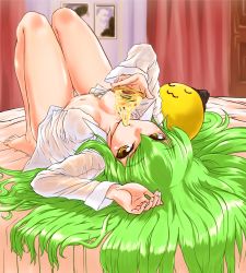 Rule 34 | 1girl, bottomless, breasts, c.c., cheese-kun, code geass, curtains, eating, feet, food, green hair, groin, long hair, looking at viewer, lying, naked shirt, navel, on back, open clothes, open shirt, pizza, puspus, shirt, sketch, solo, yellow eyes