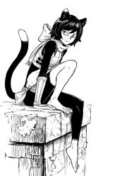 Rule 34 | 1girl, :3, animal ears, armor, black fur, black hair, bob cut, bracer, breastplate, brick wall, cat ears, cat girl, cat tail, claws, dungeon meshi, greyscale, izutsumi, looking to the side, mcnostril, monochrome, no shoes, scarf, side-tie skirt, slit pupils, solo, tail, white fur