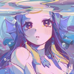 Rule 34 | 1girl, bare shoulders, blue hair, blush, breasts, character request, check character, cleavage, collarbone, fins, highres, league of legends, long hair, medium breasts, nami (league of legends), parted lips, purple eyes, ruan chen yue, solo, splendid staff nami, teeth, underwater, water