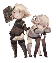 Rule 34 | 1boy, 1girl, armor, bandaged arm, bandaged leg, bandages, black gloves, blonde hair, blush, blush stickers, book, boots, braid, brown hair, final fantasy, final fantasy xiv, floating, floating book, floating object, flower, fur-trimmed sleeves, fur trim, gloves, greaves, green eyes, grey background, grimoire weiss, hair between eyes, hair flower, hair ornament, hatching (texture), highres, jy00ae, kaine (nier), lalafell, leaning, leaning forward, leaning on object, leaning on weapon, light brown hair, looking at another, male focus, medium hair, nier, nier (series), nier (young), open mouth, orange eyes, pointy ears, pointy hair, simple background, standing, sword, thigh strap, twitter username, warrior of light (ff14), weapon, white background