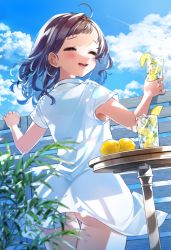 Rule 34 | 1girl, :d, ass, blue sky, blush, brown hair, closed eyes, cloud, cloudy sky, commentary request, contrail, cup, day, dress, drinking glass, fence, food, fruit, holding, holding cup, kurihara sakura, lemon, lemon slice, long hair, looking at viewer, looking back, open mouth, original, outdoors, short sleeves, sky, smile, solo, table, thigh gap, white dress