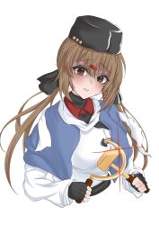 Rule 34 | 1girl, black gloves, black hat, blue shawl, brown eyes, brown hair, dr.plankton, fingerless gloves, fur hat, gloves, hammer and sickle, hat, highres, jacket, kantai collection, long hair, low twintails, papakha, scarf, shaded face, shawl, solo, tashkent (kancolle), torn clothes, torn scarf, twintails, upper body, white jacket, white scarf