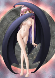 Rule 34 | 1girl, barefoot, bat wings, breasts, cleft of venus, covered mouth, covering face, demon girl, feet, full body, gradient hair, crossed legs, miyama amehiko, multicolored hair, nipples, nude, original, pointy ears, pussy, solo, standing, uncensored, wings, yellow eyes