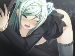 Rule 34 | 1girl, bent over, black thighhighs, blue eyes, breasts, clothes lift, cross, frills, game cg, gekkou no carnevale, green hair, hair ornament, lunaria, maid, nipples, no bra, no panties, oosaki shin&#039;ya, open clothes, open mouth, open shirt, shirt, skirt, skirt lift, solo, tears, thighhighs, top-down bottom-up, twintails, wince