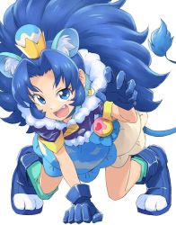 Rule 34 | 10s, 1girl, animal ears, arm support, big hair, blue eyes, blue footwear, blue gloves, blue hair, boots, commentary, crown, cure gelato, earrings, extra ears, fang, food, full body, gloves, green legwear, ice cream, iguchi (strawmat), jewelry, kirakira precure a la mode, lion ears, lion tail, long hair, looking at viewer, magical girl, open mouth, precure, short sleeves, simple background, skirt, smile, solo, tail, tategami aoi, v-shaped eyebrows, white background