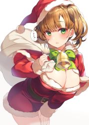 Rule 34 | 1girl, bell, belt, blush, bow, breasts, brown belt, brown hair, capelet, cleavage, commentary request, cowboy shot, dress, fur-trimmed dress, fur-trimmed headwear, fur trim, green bow, green eyes, hand on own thigh, hand up, hat, jingle bell, large breasts, leaning forward, looking at viewer, open mouth, original, over shoulder, red capelet, red dress, red hat, ringozaka mariko, sack, santa costume, santa hat, short hair, simple background, solo, speech bubble, translation request, white background