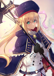 Rule 34 | 1girl, artoria caster (fate), artoria caster (second ascension) (fate), artoria pendragon (fate), bad id, bad twitter id, blonde hair, blue capelet, blue headwear, blush, breasts, buttons, cape, capelet, closed mouth, dress, fate/grand order, fate (series), gloves, green eyes, highres, holding, holding staff, long hair, long sleeves, looking at viewer, multicolored cape, multicolored capelet, multicolored clothes, petals, revision, smile, solo, staff, twintails, untue, white dress