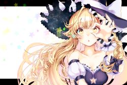 Rule 34 | 1girl, :o, bare shoulders, black hat, blonde hair, bow, breasts, cleavage, cleavage cutout, clothing cutout, collarbone, curly hair, hat, hat bow, kirisame marisa, letterboxed, long hair, looking at viewer, medium breasts, mokokiyo (asaddr), solo, star (symbol), star cutout, touhou, upper body, very long hair, white bow, witch hat, wrist cuffs, yellow eyes