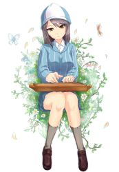Rule 34 | 10s, 1girl, blue footwear, blue hat, blue shirt, brown eyes, brown hair, buchikaki, bug, butterfly, commentary, dress shirt, flower, flower request, full body, girls und panzer, grey skirt, grey socks, hat, head tilt, highres, holding, holding instrument, insect, instrument, ivy, kantele, keizoku school uniform, light smile, loafers, long hair, long sleeves, looking at viewer, mika (girls und panzer), miniskirt, music, parted lips, playing instrument, pleated skirt, ranguage, school uniform, shirt, shoes, sitting, skirt, socks, solo, striped clothes, striped shirt, vertical-striped clothes, vertical-striped shirt, white background, white shirt