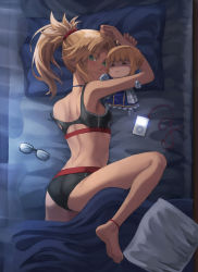 Rule 34 | 1girl, anklet, artoria pendragon (all), artoria pendragon (fate), ass, bare shoulders, barefoot, blonde hair, braid, breasts, character doll, fate/apocrypha, fate/stay night, fate (series), french braid, green eyes, hair ornament, hair scrunchie, highres, jewelry, legs, long hair, looking at viewer, mordred (fate), mordred (fate/apocrypha), parted bangs, ponytail, red scrunchie, revision, saber (fate), scrunchie, sidelocks, small breasts, smile, soles, solo, stuffed toy, thighs, tonee