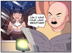 Rule 34 | 1boy, 1girl, against glass, antennae, arthropod girl, bald, blush, breasts, brown eyes, brown gloves, brown hair, bug, cleavage, comic, commentary, elbow gloves, english text, facial hair, fur trim, gloves, glowing, highres, hinghoi, indoors, insect, insect girl, insect wings, lamp, long hair, meme, moth, moth girl, moth wings, mustache, newspaper, open mouth, original, personification, reading, smile, speech bubble, upper body, window, window shadow, wings