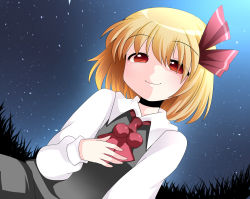 Rule 34 | 1girl, ascot, bad id, bad pixiv id, blonde hair, female focus, grass, hair ribbon, hammer (sunset beach), hand on own chest, long sleeves, night, puffy sleeves, red eyes, ribbon, rumia, short hair, sky, smile, solo, star (sky), star (symbol), starry sky, touhou