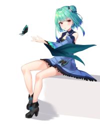 Rule 34 | 1girl, :o, animal, black footwear, blue dress, blue hair, blue sleeves, bug, butterfly, detached sleeves, double bun, dress, frilled dress, frills, full body, gradient hair, green hair, hair bun, hair ornament, high heels, highres, hololive, insect, juliet sleeves, k mugura, long sleeves, multicolored hair, parted lips, puffy sleeves, red eyes, shoes, sitting, skull hair ornament, sleeveless, sleeveless dress, solo, uruha rushia, uruha rushia (1st costume), virtual youtuber, white background, wide sleeves