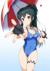 Rule 34 | 1girl, black gloves, black hair, blue one-piece swimsuit, blurry, breasts, brown eyes, cleavage, covered navel, cowboy shot, depth of field, eggman (pixiv28975023), fingerless gloves, foreshortening, gloves, gradient background, green background, highleg, highleg swimsuit, highres, idolmaster, idolmaster cinderella girls, long hair, looking at viewer, medium breasts, ohishi izumi, one-piece swimsuit, parasol, ponytail, race queen, solo, swimsuit, thigh gap, thigh strap, umbrella, white background