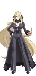 Rule 34 | 1girl, absurdres, black pants, blonde hair, breasts, cleavage, coat, creatures (company), cynthia (pokemon), eyes visible through hair, full body, fur-trimmed coat, fur-trimmed sleeves, fur collar, fur trim, game freak, grey eyes, hair over one eye, hand on own hip, highres, holding, holding poke ball, large breasts, long hair, mogi yasunobu, nintendo, pants, poke ball, poke ball (basic), pokemon, pokemon dppt, simple background, smile, solo, very long hair, white background