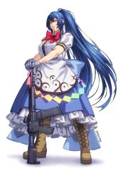 Rule 34 | 1girl, absurdres, assault rifle, bad gun anatomy, blue hair, blue skirt, bow, bowtie, brown footwear, center frills, closed mouth, commentary, commission, cosplay, cross-laced footwear, english commentary, frills, full body, gloves, grey gloves, gun, highres, hinanawi tenshi, hinanawi tenshi (cosplay), long hair, looking at viewer, orange eyes, petticoat, ponytail, rainbow order, red bow, red bowtie, rifle, signature, simple background, skirt, solo, standing, touhou, ultragruntyy, very long hair, virtual youtuber, weapon, white background