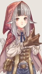 Rule 34 | 1girl, animal ears, belt, belt buckle, belt pouch, black hair, blue ribbon, breasts, brown belt, brown corset, brown gloves, buckle, cape, collared shirt, corset, fire emblem, fire emblem fates, fuussu (21-kazin), gloves, grey hair, hood, hood up, hooded cape, long hair, long sleeves, medium breasts, multicolored hair, neck ribbon, nintendo, open mouth, orange eyes, pouch, ribbon, shirt, solo, steepled fingers, streaked hair, tail, two-tone hair, velouria (fire emblem), white shirt, wolf ears, wolf girl, wolf tail