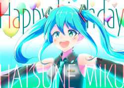 Rule 34 | 1girl, aqua eyes, aqua hair, balloon, commentary, detached sleeves, gradient background, happy birthday, hatsune miku, highres, hilamaru, necktie, open mouth, outstretched arms, shirt, sleeveless, sleeveless shirt, smile, solo, tattoo, twintails, upper body, vocaloid